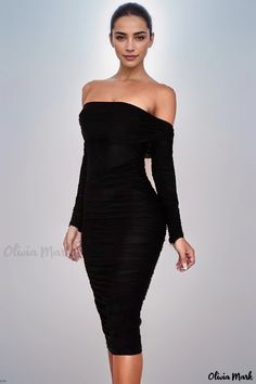 Olivia Mark - Seductive and Sophisticated Long Sleeve Pleated Mesh Party Dress for Cocktail Events Bodycon Dress For Date Night Evening, Sleek Off-shoulder Bodycon Dress For Formal Events, Off-shoulder Fitted Bodycon Party Dress, Evening Off-shoulder Stretch Bodycon Dress, Off-shoulder Fitted Bodycon Dress For Party, Black Stretch Bodycon Dress For Party, Off-shoulder Stretch Bodycon Evening Dress, Off-shoulder Ruched Bodycon Dress For Party, Off-shoulder Bodycon Party Dress