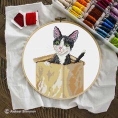 a black and white cat sitting in a box with spools of thread next to it