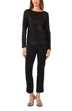 "Find halogen(r) Sequin Scoop Back Top on Editorialist. Dazzling sequins cover this longline night-out top punctuated with a dipped back. 24\" length (size Medium) Partially lined Bateau neck Long sleeves 95% polyester, 5% spandex Machine wash, line dry Imported" Contrast Sequin Long Sleeve Tops For Night Out, Long Sleeve Tops With Contrast Sequin For Night Out, Spring Party Blouse In Elastane, Chic Long Sleeve Glitter Tops, Party Top With Stretch And Crew Neck, Stretch Crew Neck Top For Party, Fitted Glitter Blouse For Party, Stretch Sequin Crew Neck Top, Glamorous Fitted Top For Party