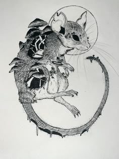 an ink drawing of a mouse on a circular object