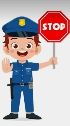 a cartoon policeman holding a stop sign and giving the peace sign to someone else who is standing in front of him