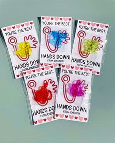 These sticky hands valentines are perfect for teachers to gift tot their students or students to gift to their classmates. These are a cute and fun way to say happy Valentine's Day! -  personalized with the name of your choice -  packaged in a 3x5 cellophane bag -  includes a variety of colors (red, yellow, green, blue, and pink) - colors given will be at random and may not be the same in every set Unique Valentines Kids, Teacher Gift To Students, Valentines From Teacher, Kid Valentine Cards, Student Gift From Teacher, Valentines For Students, Valentine Student Gifts, Class Valentines Gifts, Kids Class Valentines