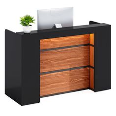 an office desk with two drawers and a potted plant on the top shelf, against a white background