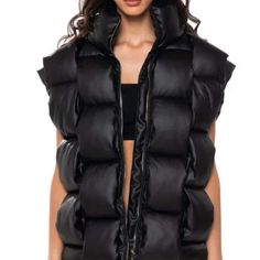 Black Woven Puffer Vest Black Winter Vest For Night Out, Edgy Solid Color Winter Outerwear, Black Vest For Night Out In Fall, Black Vest With Padded Collar For Streetwear, Trendy Black Puffer Vest, Edgy Black Outerwear With Padded Collar, Edgy Black Vest For Fall, Black Puffer Vest For Winter, Black Puffer Vest For Spring