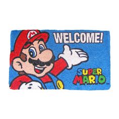 a welcome rug with an image of mario in blue and red, on a white background