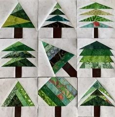 nine green and white christmas trees are arranged in the shape of small triangles on top of each other