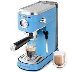 a blue espresso machine sitting next to a cup of coffee