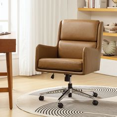 a brown office chair sitting on top of a white rug