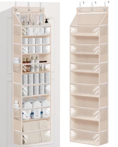 an over the door storage unit is shown in two different positions, one with its doors open