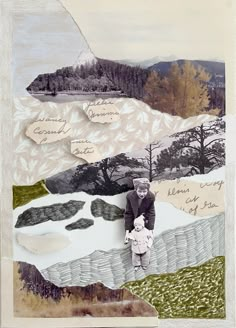 an altered collage of a man holding a baby in his arms with mountains and trees in the background