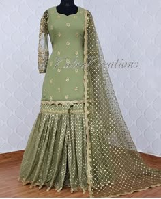 Floor-length Pista Green Sharara For Reception, Green Garara Dress, Wedding Sharara In Pista Green Georgette, Designer Pista Green Floor-length Sharara, Floor-length Pista Green Sharara With Resham Embroidery, Garara Dress, Mehandi Outfits, Girls Boutique Dresses, Long Blouse Designs