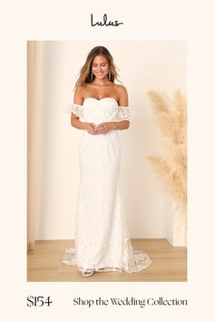 a woman in a white wedding dress with the words shop the wedding collection on it