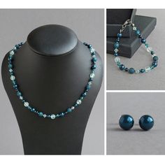 This dark teal beaded jewellery set features glass pearls, sea glass, sparkling crystals and frosted glass beads. As these "bits and bobs" necklaces come in a range of different colours, they make great gifts for women who love colourful jewellery.  Necklace: This single strand necklace measures 18.25 inches in length and is finished with a gunmetal-plated lobster clasp. I have added a 2 inch extender chain to allow you to adjust your pearl and crystal necklace to fit. Bracelet: Each one strand Blue Jewelry Sets With Round Beads As A Gift, Chunky Stone Necklace, Floating Pearl Necklace, Plastic Stoppers, Chunky Pearl Necklace, Colourful Jewellery, Silver Bar Earrings, Fused Glass Necklace, Blue Drop Earrings