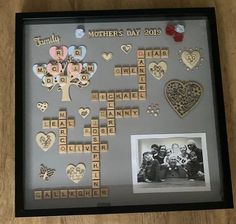 a family tree made out of scrabbles with pictures and words on it