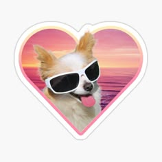 a dog wearing sunglasses and sticking its tongue out in front of a heart shaped sticker