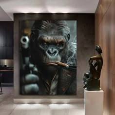 Gorilla gangster. Wall Art Canvas or Poster paper for you. High Quality * High Quality Cotton Canvas 380 gsm * Real pine wood frame * Water-resistant * Printing waterproof ink * Ready to hang * Tight stretched and folded corners by hand * Poster (FRAME NOT INCLUDED) Stretched canvas on wood frame and ready to hang We print paintings and posters on high-quality materials and durable inks that do not fade. Made to Order: All our items Made to order. So please double check to make sure your order s Cool Wall Posters Art Prints, Gangster Aesthetic Wallpaper, Manly Home Decor, Basement Art, Hand Poster, Bachelor Pad Decor, Simulator Room, Bat Joker, Gorilla Art