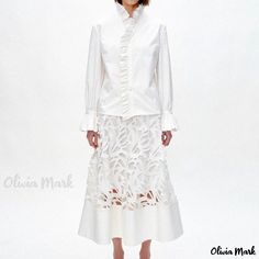 Olivia Mark - Elegant White Tulip Floral Lace Panel Midi Skirt with Graceful Umbrella Skirt Design Elegant Tiered Maxi Skirt For Spring, Elegant Ruffled Maxi Skirt For Spring, Elegant Full Maxi Skirt For Spring, Elegant Spring Tiered Skirt, Elegant Tiered Skirt For Spring, Fitted Ruffle Maxi Skirt For Spring, White Elegant Maxi Skirt For Spring, Elegant White Maxi Skirt For Spring, Elegant Spring Ruffled Skirt