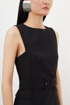 Compact Stretch Belted Tailored Midi Pencil Dress | Karen Millen Midi Pencil Dress, Stretch Belt, Boat Neckline, Karen Millen, Pencil Dress, Fashion Face, Dress Collection, Midi Length, Midi Dress