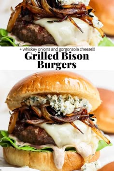 grilled bison burgers with cheese and onions on a bun