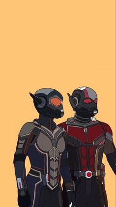 two people standing next to each other in front of a yellow background with the caption ant man and the wasp