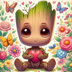 a baby groote holding a heart surrounded by flowers and butterflies