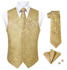 PRICES MAY VARY. 🔷【4PCS Suit Vest Dress Set】The package include the 1 Waistcoat + 1 Tie + 1 Pocket square+1 Pair Cufflinks.No need to consider the matching of accessories costume, you can get a new handsome look. 🔷【Paisley Mens Vest】 V neck, 5 button front, and a full back style, this vest features an adjuster strap in the back,Made from silk which makes this soft, comfortable & stylish waistcoat. Same Paisley Floral Pattern design, Perfect match. 🔷【Elegant Craft】1400 Stitches woven jacquard Suit Vest For Men, Stylish Waistcoats, Gold Vest, Mens Dress Vests, Bow Tie Pants, Wedding Party Groomsmen, Vest Suit, Vest For Men, Suit Waistcoat