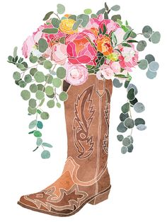 a drawing of a boot with flowers in it