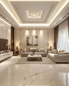 a living room filled with furniture and a chandelier