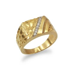 Gold Nugget Design Rectangular Diamond Accent Ring. Metal: Yellow Gold.Available in 10k and 14k.Weight: 6.4 g (10k); 7.5 g (14k).Top band width: 0.45 inch (11.7 mm).Bottom band width: 0.14 inch (3.5 mm).Finish: high polish.Stones: Diamond.Stone diameter: 1.7 mm.Stone quantity: 7.Clarity: SI 1-2.Color: G-H.Total carat weight: 0.1 ct. (Approximate).Gender: Men's. Made in Los Angeles, USA. Mens Ring Designs, Mens Gold Rings, Top Band, Gold Ring Designs, Los Angeles Usa, Gold Nugget, Mens Ring, Mens Gold, Ring Metal