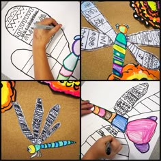 four pictures of different types of paper and crayons with the words dragon on them