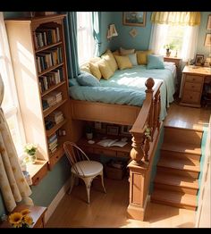 a bedroom with stairs leading up to the bed