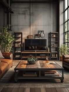 a living room filled with furniture and a flat screen tv on top of a wooden table