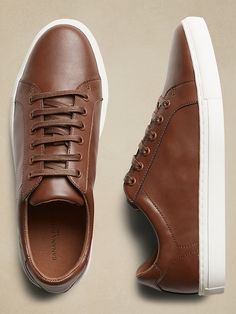 Vegan Leather Sneakers | Banana Republic Factory Mens Business Casual Shoes, Sneakers Outfit Men, Brown Leather Sneakers, Business Casual Shoes, Work Sneakers, Casual Leather Shoes, Casual Dress Shoes, Mens Shoes Casual Sneakers, Brown Sneakers