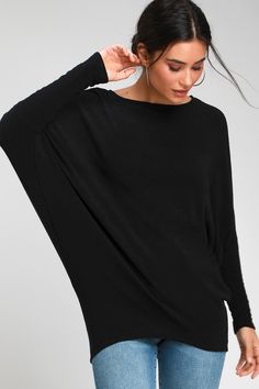 Hit up your fave cafe in the Lulus Basics Verla Black Dolman Sleeve Sweater Top! This essential, everyday top will be your new go-to thanks to its soft, lightweight knit construction, and its cozy-yet-chic slouchy fit. Long, dolman sleeves and a bateau neck finish off the laid-back look. Pair with jeans and some cute booties! Fit: This garment fits true to size. Length: Size medium measures 27.75" from shoulder to hem. Bust: Great for any cup size. Waist: Not Fitted - comfortable room throughout Going Out Casual Outfits, Dolman Sleeve Top Pattern, All Black Style, Dolman Sleeve Top, Dolman Sweater, Dolman Sleeve Sweater, Dolman Top, Dolman Sleeve Tops, Cupcakes And Cashmere