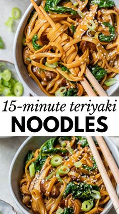 two bowls filled with noodles, broccoli and mushrooms