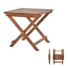 a wooden folding table with two chairs next to it on a white background in the image