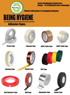 various types of duct tape are shown in this advertisement poster, with the words being hygiene on it