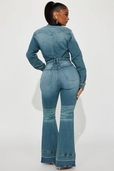 Available In Denim. Jumpsuit Collar Long Sleeve Button Down Pockets Flare Leg Stretch Inseam = 33" Disclaimer: Due To The Specialized Wash Process, Each Garment Is Unique. 69% Cotton 28% Polyester 3% Elastane Imported | Playing Games Denim Jumpsuit size Medium by Fashion Nova