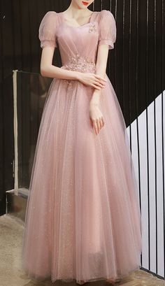 Pink Gown With Sleeves, Pink Maxi Length Gown For Banquets, Pink Maxi Length Gown For Banquet, Pink Banquet Dress With Sweep Train, Pink Sweep Train Dress For Banquet, Pink Long Dress Gown For Banquet, Pink Long Dress With Sweep Train, Pink Maxi Length Ball Gown, Modest Pink Prom Dresses