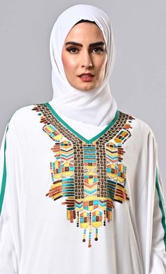 Traditional Long Sleeve Embroidered Abaya, Elegant White Embroidered Abaya, Luxury Maxi-length Abaya With Intricate Embroidery, Summer Embroidered V-neck Abaya, Embroidered Abaya, Bohemian Embroidered V-neck Abaya, Kaftan Style, Islamic Clothing, Full Sleeves