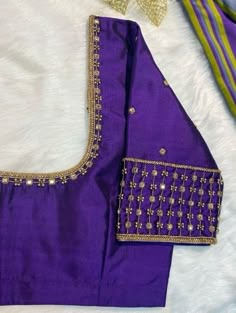 Purple Maggam Blouse with Zari,Stones and Embroidery Flower Motifs, Wedding Aari work blouse Kancipuram Pattu saree Aari work silk choli 2