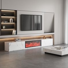 modern living room with fireplace and entertainment center