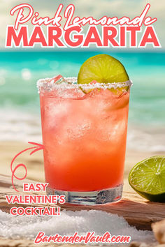 Beautiful pink Valentine's cocktail called the Pink Lemonade Margarita. The drink is on a beautiful beach with a stunning ocean backdrop. Pink Cocktails Tequila, Valentines Margarita Recipes, Valentine’s Day Mixed Drinks, Valentines Day Cocktails Easy, Valentines Martini Drink Recipes, Valentine Margaritas, Valentine’s Day Margarita, Valentines Margaritas, Valentine's Day Cocktails