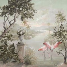 two flamingos are standing in the water near some trees and bushes, while another bird is flying above them