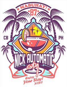 the logo for nick automatic art, which features an image of a cocktail and palm trees