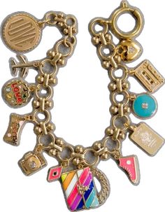 Gold Charm Bracelet As A Souvenir, Metal Bracelet With Logo Charm, Retro Multicolor Bracelet Jewelry, Collectible Enamel Bracelet Jewelry, Multicolor Enamel Jewelry With Lobster Clasp, Retro Metal Charms Jewelry, Retro Metal Bracelet With Vintage Charm, Retro Metal Bracelets With Vintage Charm, Enamel Bracelet Jewelry With Lobster Clasp