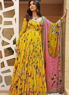 Features a mustard yellow printed Anarkali adorned with mirror detail and features a gorgeous deep back. Teamed with a contrasting blue and pink organza dupatta. Composition : Anarkali- Georgette and Shantoon, Dupatta -Organza Care: Dry Clean Only and Vacuum Storage This product can be customised for sleeves, length of blouse and neckline Delivery : 4-6 weeks as the product is hand crafted. Check Size Guide or choose MySize for free customisation (All Sizes above XL can be made at 15% additional cost) For more information and sizes please contact fabiliciousfashion@gmail.com or visit our Copenhagen studio.About the Designer : Mahima Mahajan is best known for elegant, fashionable and functional ethnic-wear. She designs phenomenal wedding wear like lehenga style sarees, bridal lehenga, India Mahima Mahajan, Yellow Anarkali, Gopi Vaid, Lehenga Style Saree, Organza Material, Indian Bridesmaid Dresses, Jayanti Reddy, Georgette Anarkali, Printed Anarkali