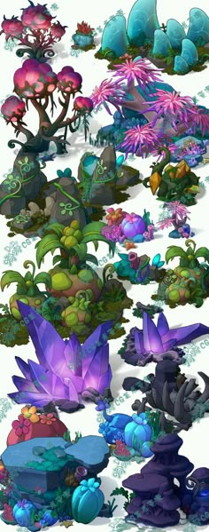 several different types of plants and rocks on a white background with blue, purple, green,