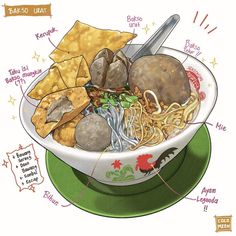 a bowl filled with noodles and meats on top of a green plate