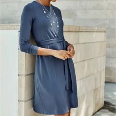 * Brand ~ J.Jill * Style ~ Wearever Collection Belted Dress * Size ~ L * Color ~ Twilight Blue * Crew Neck * A-Line * Knit * Detachable Belt * Above-Knee Length * Long Sleeve * 95% Rayon 5% Lycra Spandex Brand New With Tags! Size Large Retails $99 Bust: 23" Flat Across Unstretched Waist: 21" Flat Across Unstretched Sleeve: 25" Length: 39" Light Blue Daywear Dress For Fall, Light Blue Knee-length Midi Dress For Work, Light Blue Dresses For Daywear In Fall, Light Blue Dresses For Fall Daywear, Light Blue Fall Daywear Dress, Elegant Light Blue Fall Dress, Blue A-line Belted Midi Dress, Blue Belted Dress For Daywear, Light Blue Midi Length Dresses For Fall